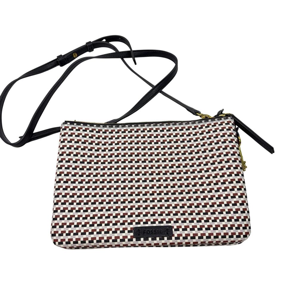 Fossil Devon checked crossbody handbag, purse. faux leather pocketbook. 3 pocket